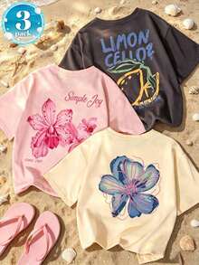 Set de 3 camisetas de mujer de manga corta con cuello redondo y estampado floral, de estilo casual y versátil, color rosa - Gris Oscuro - Ver 11