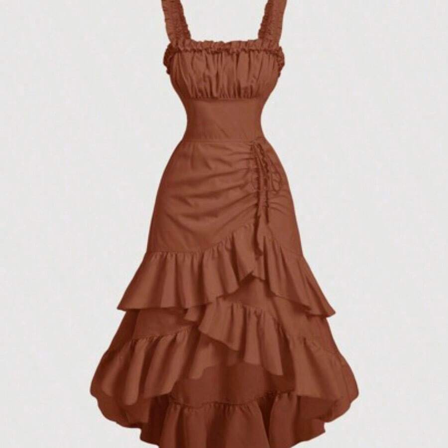 MOD Pink And White Floral Romantic Retro Ruffle Women's Dress, Elegant Dress, Tea Party Dress, Female Date Dress, Valentine's Day Dress, Summer Dress, Bohemian Dress, Cruise Dress, Beach Dress,Summer Dresses For Women,Graduation Dresses, Wedding Guest Dress - Marrón Mocha - Ver 1