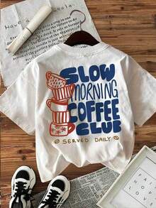 [Double-Sided Print] Women's Fashion Spring-Summer T-Shirt, Hand-Painted Style, Coffee Cup Print, SLOW MORNING COFFEE CLUB SERVED DAILY, Round Neck, Short Sleeve, 100% Cotton Women's T-Shirt [Chu K], Short Sleeve Graphic Print Streetwear Style T-Shirt For Summer - 白色 - 查看 4