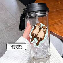 1/5 Stück 500ml süße Otter Händchen haltend Muster Plastikbecher mit Strohhalm, Tragegriff und auslaufsicheren Deckel, transparenter Eiskaffeebecher, niedliches Otter-Paar Design, ideal für den täglichen Gebrauch, tolles Geschenk für Tierliebhaber und Mädchen - Mehrfarbiger Otter - Übersicht 5