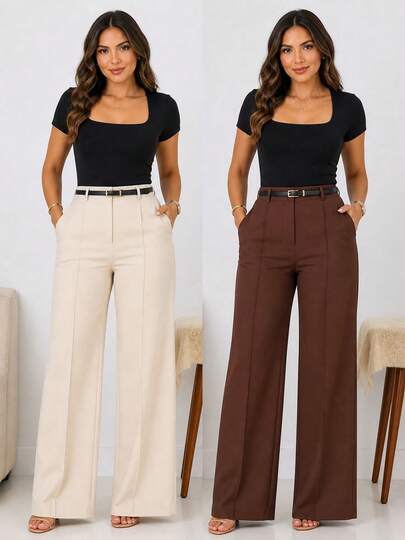 Kit 2 Calça Social Pantalona Alfaiataria Feminina C/ Cinto