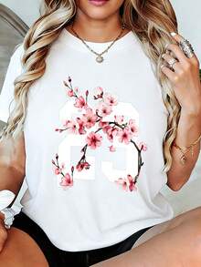 Women's T-Shirt Number 23 With Cherry Blossom - Short Sleeve Top With Design, Soft And Breathable Round Neck T-Shirt, Casual Urban Style Blouse Suitable For Ladies, Casual Spring, Summer And Autumn Outfit - 白色 - 查看 1