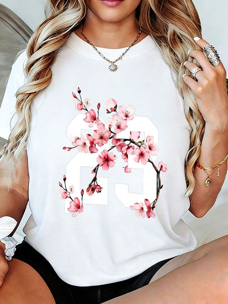 Women's T-Shirt Number 23 With Cherry Blossom - Short Sleeve Top With Design, Soft And Breathable Round Neck T-Shirt, Casual Urban Style Blouse Suitable For Ladies, Casual Spring, Summer And Autumn Outfit - 白色 - 查看 1