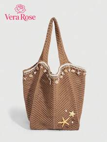 Personalized Slouchy Fashion Simplicity Leisure And Versatile Shoulder Tote Bag, Holiday Decorated Starfish Shells, Large-Capacity Retro Shoulder Straw Bag, Suitable For Daily Travel, Travel And Vacation, Etc. - Khaki - View 1