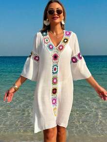 Swim Lushoire Vestido/Cubrecuerpo casual y holgado con estampado floral de ganchillo y cuello en V, manga 3/4, abertura lateral, color aleatorio, para mujer - Blanco - Ver 3