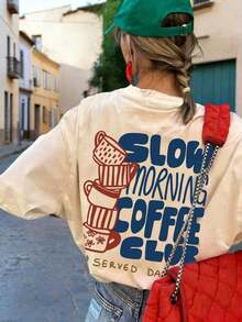 Camiseta de manga corta con cuello redondo y estampado de letras, de estilo sencillo y versátil para el uso diario de las mujeres, camiseta de algodón cómoda. - Caqui - Ver 1