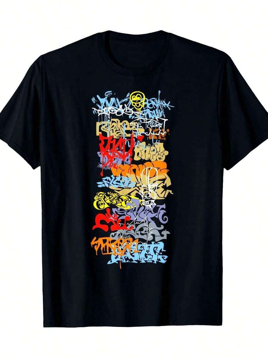 Camiseta de Hombre con Estampado Geométrico Abstracto - 100% Algodón de Alto Gramaje, Corte Holgado, Cuello Redondo, Actual, Comodidad para Todas las Temporadas, Lavable a Máquina, Graffiti Urbano - Negro - Ver 1