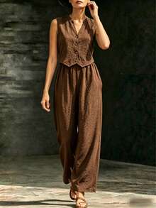 Women's Two-Piece Linen Outfit: Casual Sleeveless Button-Down Vest And Wide-Leg Trousers, Summer Vacation Casual Suit. - màu nâu - Xem 3