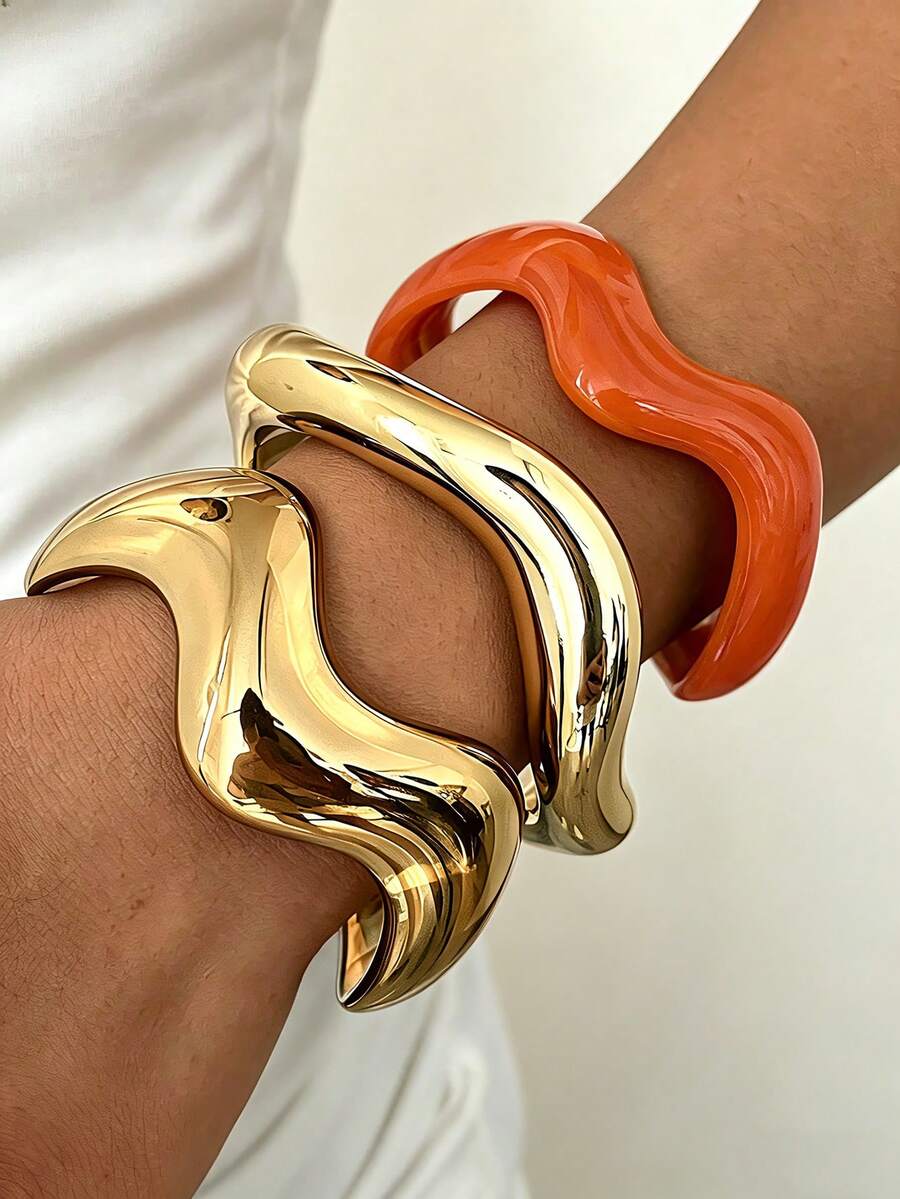1pc/3pcs Vintage Minimalist Wavy Acrylic & CCB Material Gold Tone Open Bangle Bracelet, Suitable For Women's Daily Wear, Stackable, Perfect Gift Choice For Holidays - Multicolor - View 1