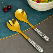 Stainless Steel Salad Fork And Spoon Set With Ceramic Handles, Extended Polka Dot Ceramic Handle Salad Spoon, Nordic Style Gold And Silver Color Salad Mixing Utensil, Kitchen Cooking And Baking Mixing Tool, High-End Gift Box Tableware, Dishwasher - View 2