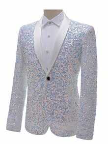 Men's Shiny Sequin Blazer, Single-Button Shawl Collar Tuxedo Jacket For Prom, Wedding, Stage Performance And Party - White - View 4