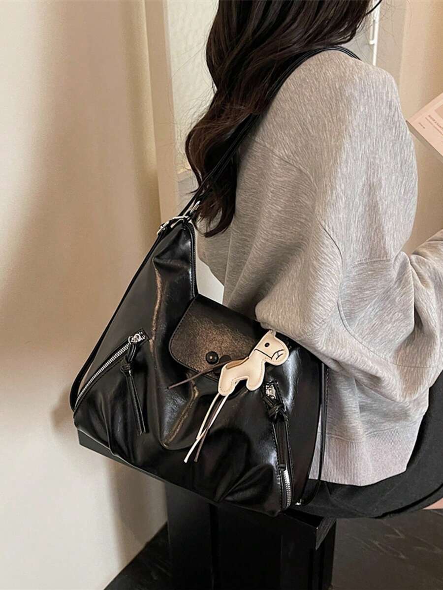 女士多功能手提包，新款马匹挂饰设计，时尚百搭优雅大容量通勤背包/单肩包