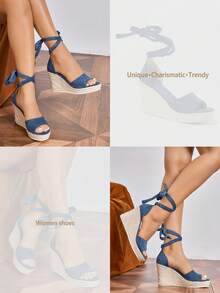 Women's Platform Wedge Sandals, Criss-Cross Strap Woven Wedge Sandals, Increase Height & Leg Length, Holiday Style High Heel Sandals - Blue - View 11