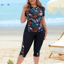 Swim Lushore Plus Size 2pcs Women Leaf Print Patchwork Top And Long Swim Shorts, Black Splicing Round Neck Sleeveless Bikini Set, Beach Vacation For Summer - Multicolor - Ver 7