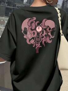 Camiseta con Estampado de Calavera y Ojo de Pulpo, Camiseta de Algodón de 220 g/m² con Estampado de Doble Cara para Mujer, Estilo Casual y a la Moda, Cuello Redondo (1 Pieza) - Negro - Ver 6