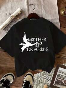 New Summer Collection 2026: Women's Casual Summer T-Shirt [Double-Sided Print], Suitable For All Seasons, Comfortable To Wear, With A Flying Dragon Design And The Text "MOTHER OF DRAGONS" Printed, Versatile Garment, Comfortable Material, Short Sleeve T-Shirt, A Summer T-Shirt For Fashion Lovers. - 黑色 - 查看 3