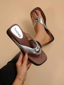 Vintage Heart Metal Decor Thick Sole Flip Flops, Fashionable Versatile Comfortable, Suitable For Daily Commute And Vacation - Silver - View 2