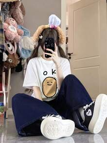 可愛卡通印花趣味女款夏季T恤，OK字母+微笑馬鈴薯圖案白色休閒款 - 白色 - 查看 4
