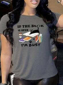 Camiseta casual de mujer con estampado de gato leyendo Camiseta informal holgada para mujer con estampado de gatos leyendo Camisetas de Mujer - Gris Oscuro - Ver 6