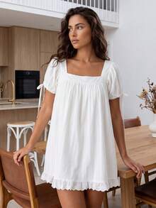 Women's Casual White A-Line Short Dress With Square Neck, Puff Sleeves, And Ruffle Hem, Cute & Elegant Woven Fabric Mini Dress - 白色 - 查看 4