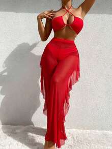Swim Conjunto de bikini separado de 3 piezas, inalámbrico, para verano 2025 - Rojo - Ver 8