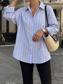Áo sơ mi nữ Look Polly kẻ sọc xanh dương mùa hè, kiểu dáng ôm vừa vặn, tay dài, trang phục công sở lịch sự. - Màu xanh lam - Xem 1
