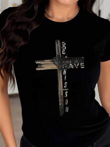 Cruz con mensaje espiritual que simboliza la fe el amor divino y la entrega de esperanza al mundo transmitiendo fuerza interior y gratitud en cada detalle camiseta de mujer casual moderna cómoda - Negro - Ver 8