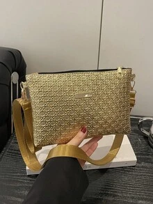 新款春夏草编女士手提包，多功能单肩/斜挎包，小众甜美迷你方包 - 金色 - 查看 11