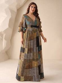 SUPGIR Plus Size V-Neck Random Watercolor Patchwork Print Waist Pleated Long Flowy Chiffon Maxi Dress, Spring/Summer - Multicolor - View 5