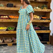 Flora Isola Flora Isola Yellow & Green Plaid Square Neck Puff Sleeve Maxi Dress - Retro Bohemian Style For Vacation, Daily Outings & Casual Wear, Women's Spring & Summer Dress - Multicolor - Ver 1
