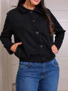 Women's Bomber Jacket, Long Sleeves, Suede, Pockets, Fashion. - màu đen - Xem 2