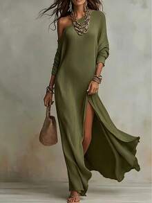 Women's Off Shoulder Knit Maxi Dress With Long Sleeves And High Slit - Army Green - View 5