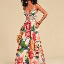 TRVLCHIC Women's V-Neck Maxi Woven Dress With Floral Print, For Spring/Summer Resort,Summer Outfits For Women,Beachwear,Easter,Beach Outfits For Woman,Spring Break,Vacation Outfits Women, Suitable For Holiday , Afternoon Tea, Wedding Season, Beach Cruise Vacation, City Road Trip Vacation, Boho Vacation, Music Festival , Beachwear, Easter, Beach Outfits For Woman, Elegant Dress For Women, Vacation Outfits Women, Concert Outfit Women, Tropical Vacation Woman Clothes, Holiday Outfits, Bohemia - Blanco - Ver 2