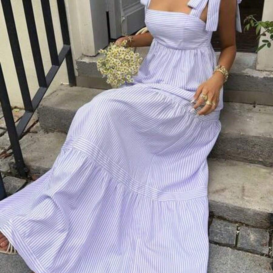 SunnyBelle Blue Striped Square Neck High Waist Sleeveless Backless Spaghetti Strap Drawstring Maxi Dress, Sexy & Vacation Style, Spring/Summer - Azul y blanco - Ver 1