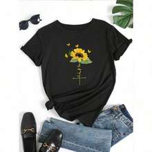 Camiseta de Mujer% Algodón - Camiseta Casual con Estampado Floral y Cuello Redondo - Manga Corta, Cuello Redondo, Poliéster Ligero, Top de Moda para Primavera/Verano/Otoño para Atuendos Casuales, Camisetas para Damas - Ligeras, transpirables, éxito de  en verano. - Blanco - Ver 9