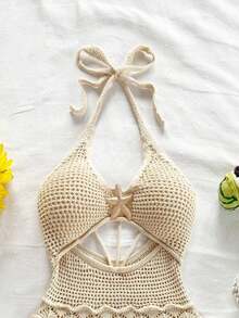 Vestido ajustado con escote en V, tirantes finos, calado y decoración de estrella de mar metálica.Ideal para vacaciones, citas, té de la tarde, festivales de música, estilo bohemio, vacaciones en la playa, verano con tirantes finos y atar en la espalda. - Albaricoque - Ver 5