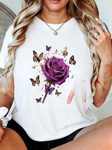 Camiseta con estampado gráfico de rosas mors y maosas para mujer - Camiseta blanca ho de cuello redondo con efecto salpicado, Top suave y transpirable de verano - Regalo perfecto para mamá, esposa, novia en cumpleaños, día de San Valentín, día de la madre - Blanco - Ver 2