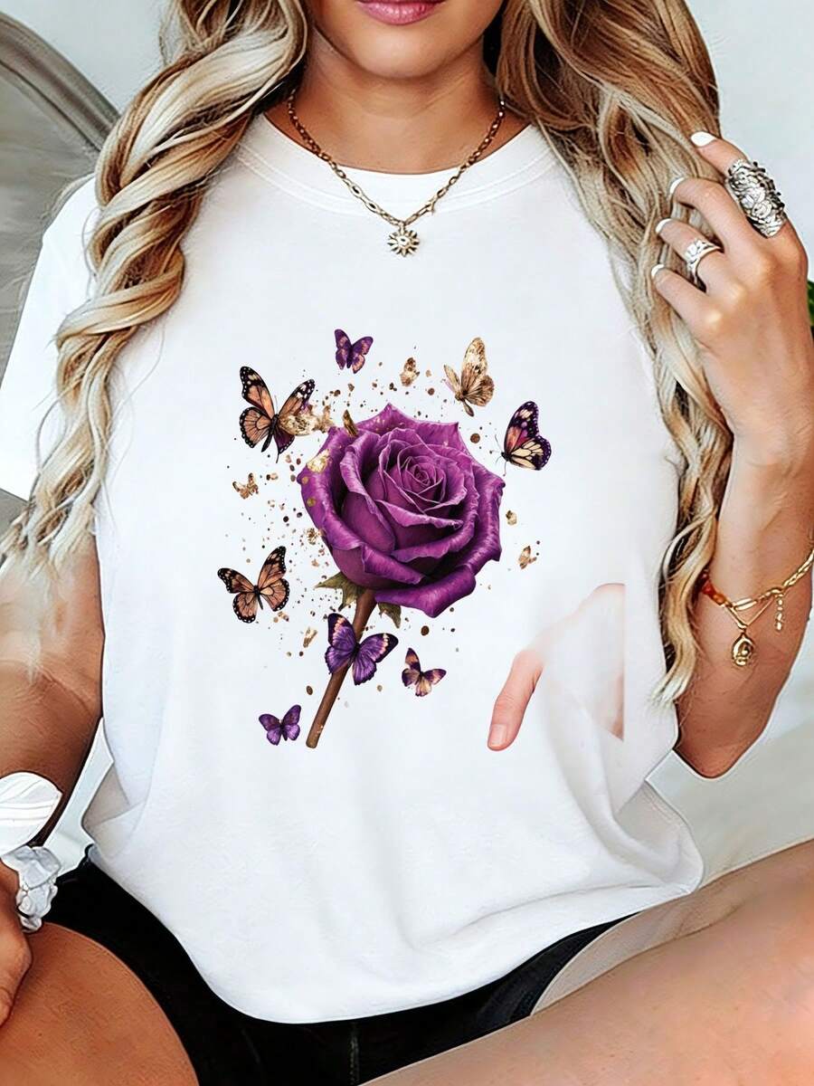 Camiseta con estampado gráfico de rosas mors y maosas para mujer - Camiseta blanca ho de cuello redondo con efecto salpicado, Top suave y transpirable de verano - Regalo perfecto para mamá, esposa, novia en cumpleaños, día de San Valentín, día de la madre