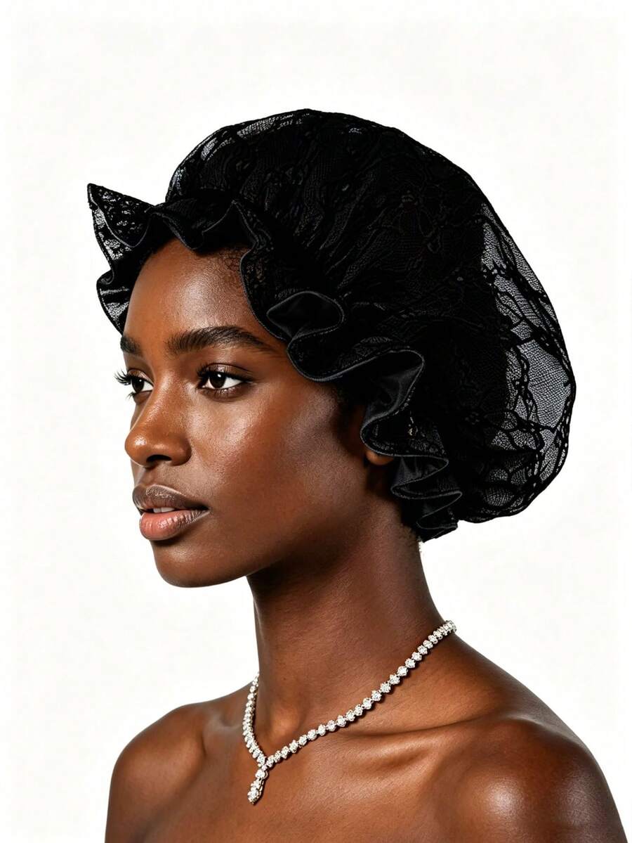 1pc Lace Trim Satin Sleep Cap, Delicate Lace Exterior With Smooth Satin Lining, Vintage Elegant Style, Elastic Ruffle Trim For Snug Fit, Breathable Anti-Frizz Anti-Static; Suitable For Home Sleep, Skincare SPA, Travel Or Holiday Styling, Multiple Colors Available, Gently Caring For Hair, Combining Aesthetics And Practicality - Multicolor - View 1
