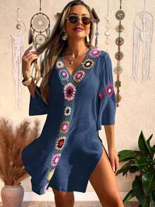Swim Lushoire Vestido/Cubrecuerpo casual y holgado con estampado floral de ganchillo y cuello en V, manga 3/4, abertura lateral, color aleatorio, para mujer - Azul - Ver 7