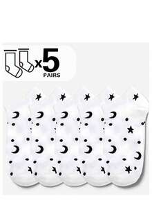 1/5 paires de chaussettes courtes d'été japonaises pour filles, motif étoiles et lune mignon. Chaussettes décontractées pour femmes avec motif céleste. Série de couleurs macaron, convient pour le port quotidien et les vacances - Multicolore - Voir 6