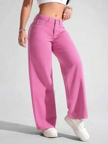 ICON Pantalones vaqueros de pierna ancha de unicolor, de bolsillo, informales y versátiles - Rosa Fucsia - Ver 3