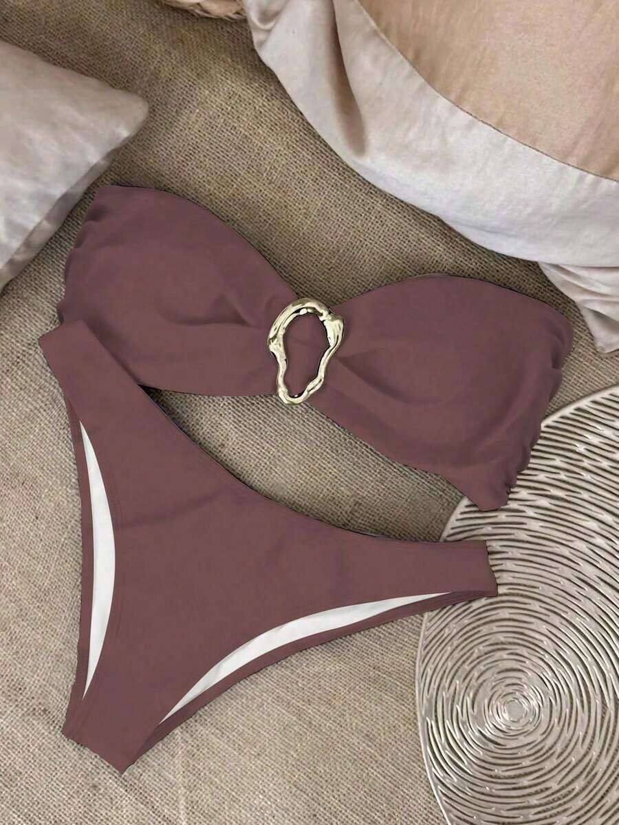 Nuevo conjunto de bikini negro sólido, sexy, elegante, casual, para playa, vacaciones y citas, sin tirantes, para primavera/verano - Marrón - Ver 1