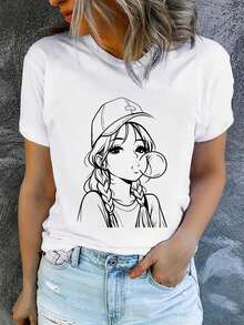1 Women's Summer Short Sleeve T-Shirt With Print, Modern And Casual, Machine Washable, Comfortable Fit, 2D Flat Print, 180g, 100% Cotton. - 白色_01 - 查看 12