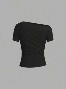 Camiseta de punto elástica de unicolor con hombro asimétrico y manga corta fruncida, multicolor, estilo carnavalesco, elegante para primavera/verano para mujeres - Albaricoque - Ver 6