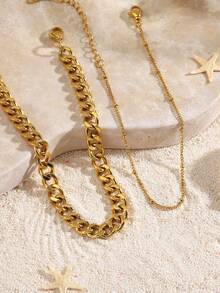 2pcs Stainless Steel 18K Gold Plated Beach Style Chain Anklets, Suitable For Women's Daily And Beach Wear - Multicolor - View 3