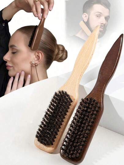 1pc Boar Bristle Smooth Comb, Suitable For Sleek Ponytail Styling, Taming Flyaways, Hairline Grooming - Wide Tapered Tail, Includes Fluffy Brush For Sectioning And Parting, Hair Styling Tool, Hair Care Home Decor Accessory