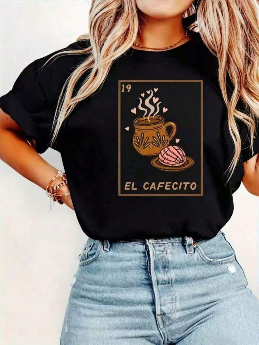 ropa de mujer Camiseta gráfica Women'S 19 EL CAFECITO Coffee Cake - Camiseta casual de manga corta con cuello redondo suave y diseño de café español estampado, camiseta unisex de nuevo estilo, atuendo casual diario, ropa básica para las 4 estaciones, éxito de  para el Día de San Valentín, camisetas de mujer para la oficina, camisas de mujer