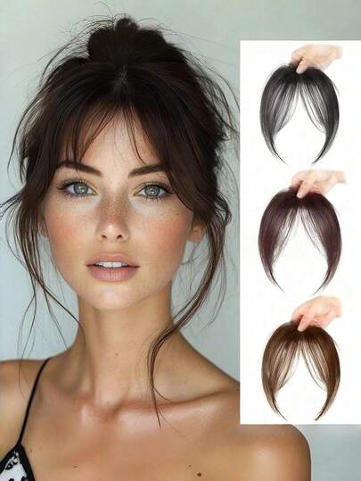 1 pieza Flequillo postizo para mujer, extensión de cabello liso y elegante con clip, pieza de cabello liso de material similar a la seda resistente al calor, flequillo esponjoso - Estilo natural elegante, material similar a la seda resistente al calor, fácil de usar, peluca de uso diario a la moda, accesorio de cabello a la moda | Apariencia natural | Estilo minimalista, clip para el cabello, pasador para el cabello, accesorio para el cabello, palillo para el cabello, tocado