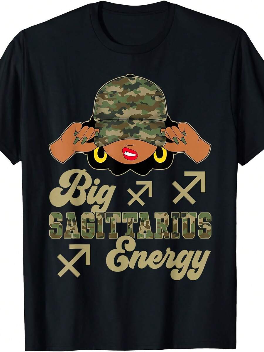 Camiseta de Mujer con Estampado del Signo Zodiacal Sagitario - Gorra Negra de Camuflaje con Estampado Gráfico de Sagitario, Blusa Casual de Cuello Redondo, Lavable a Máquina, Adecuada para Halloween, Regalos de Navidad, Regalos para Sagitarios - Negro - Ver 1